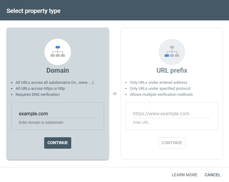 Google Search Console – Select Property Type